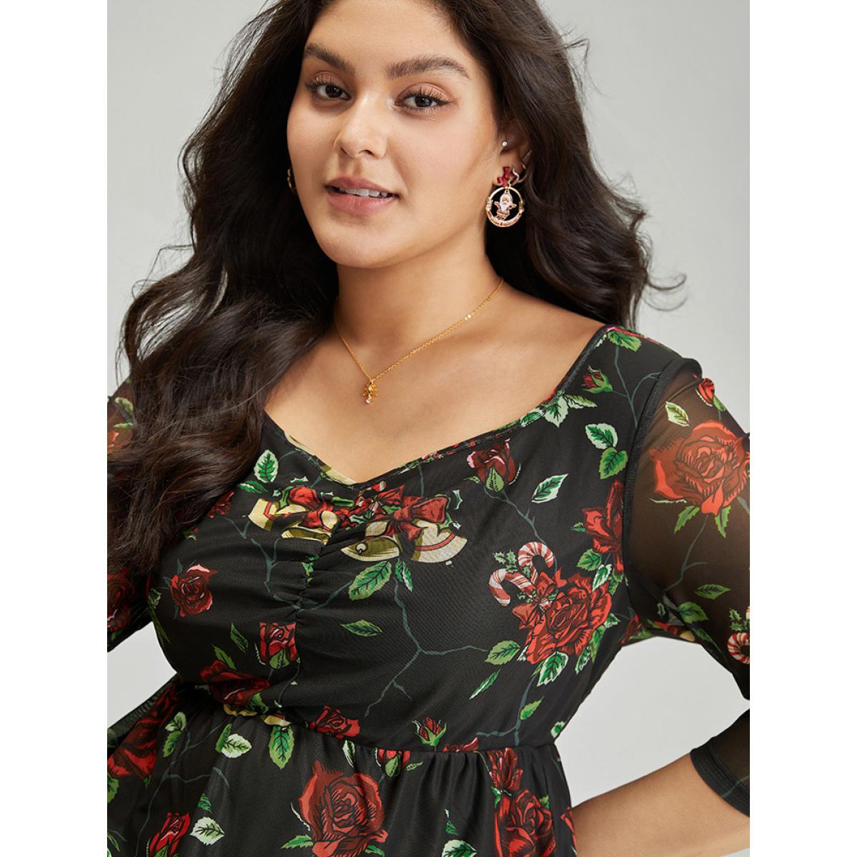 Plus Size Floral Square Neck Mesh Gathered Dress Black Women Office Gathered Square Neck Half Sleeve Curvy Midi Dress BloomChic 22-24/3X Product Image