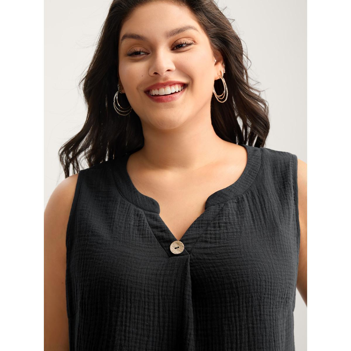 Plus Size Cotton Button Front Solid Tank Top Women Black Leisure Texture Flat collar with V-notch Casual Tank Tops Camis BloomChic 28/5X Product Image