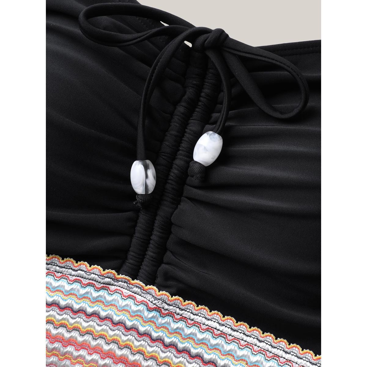 Plus Size Patchwork Ruched Drawstring Swim Top Women's Swimwear Black Resort Patchwork High stretch Skinny Non Curve Swim Tops BloomChic 18-20/2X Product Image