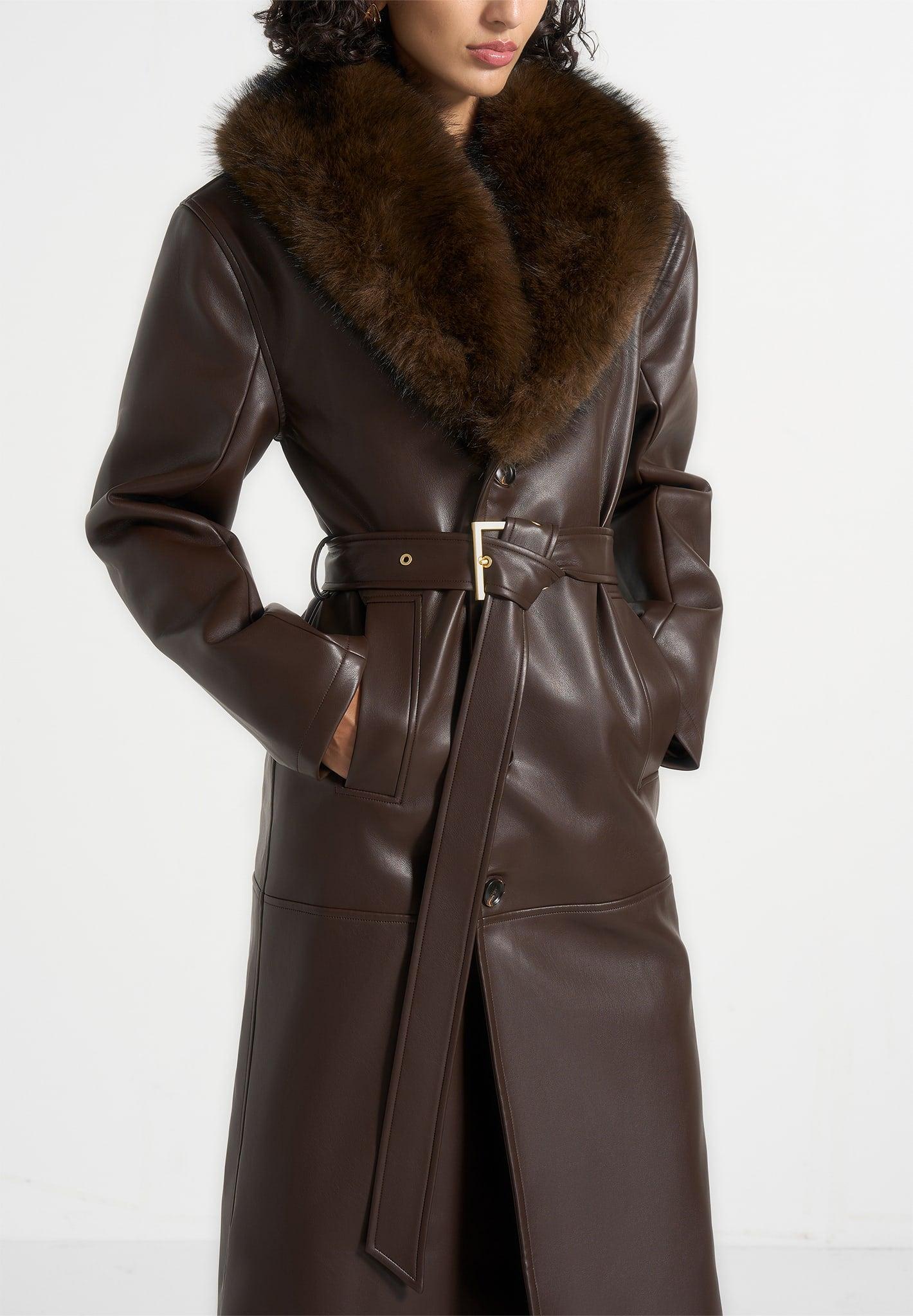 Cenya - Fur Collar Belted Leather Coat - Brown Female Product Image