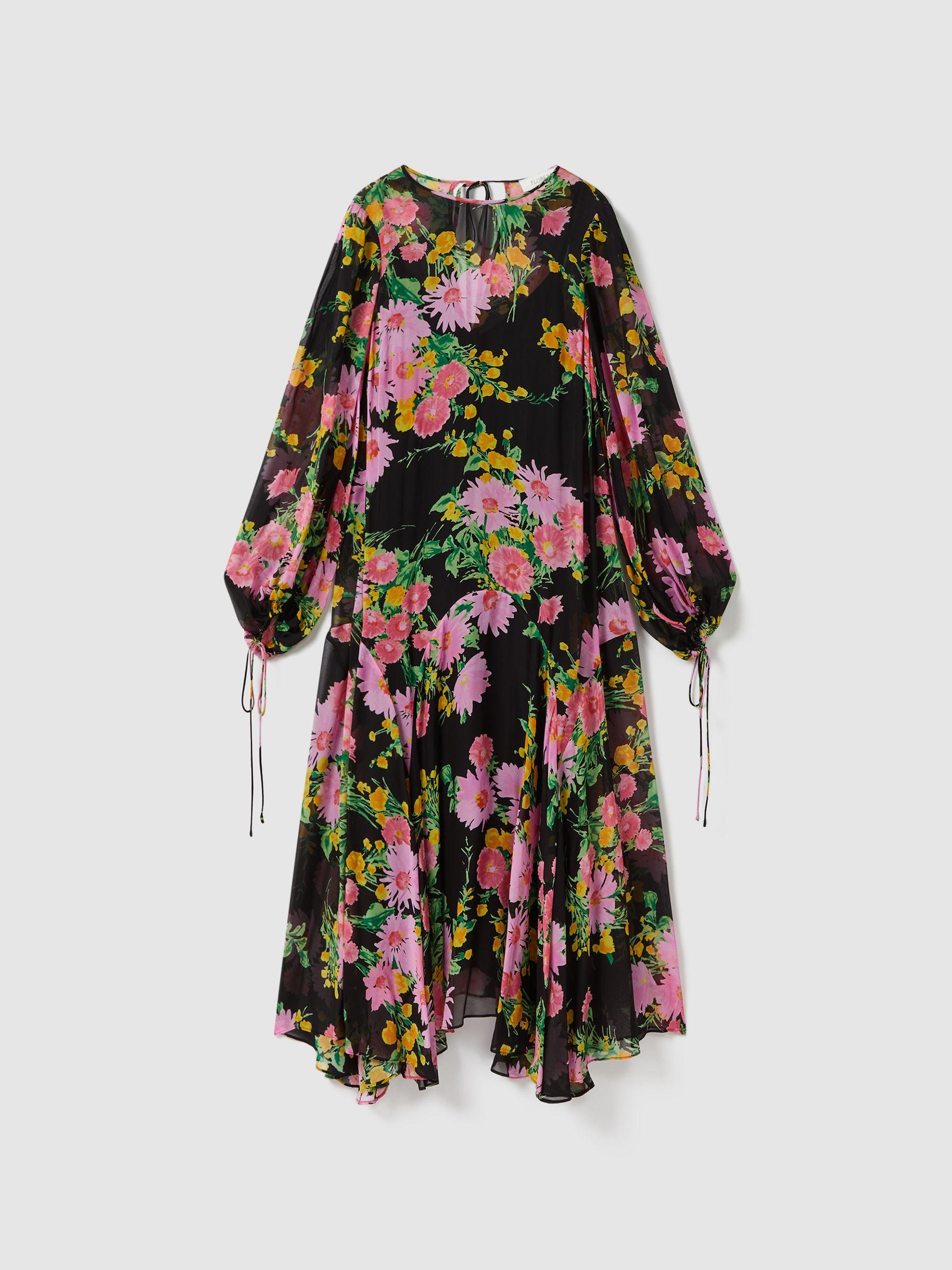 Florere Sheer Asymmetric Midi Dress in Pink/Black Product Image