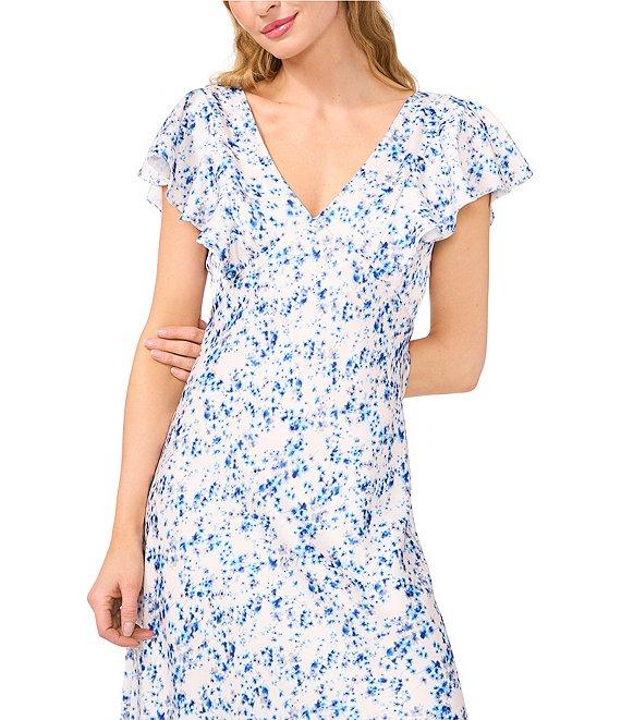 CeCe Floral Print V-Neck Short Ruffle Sleeve Maxi A-Line Dress Product Image