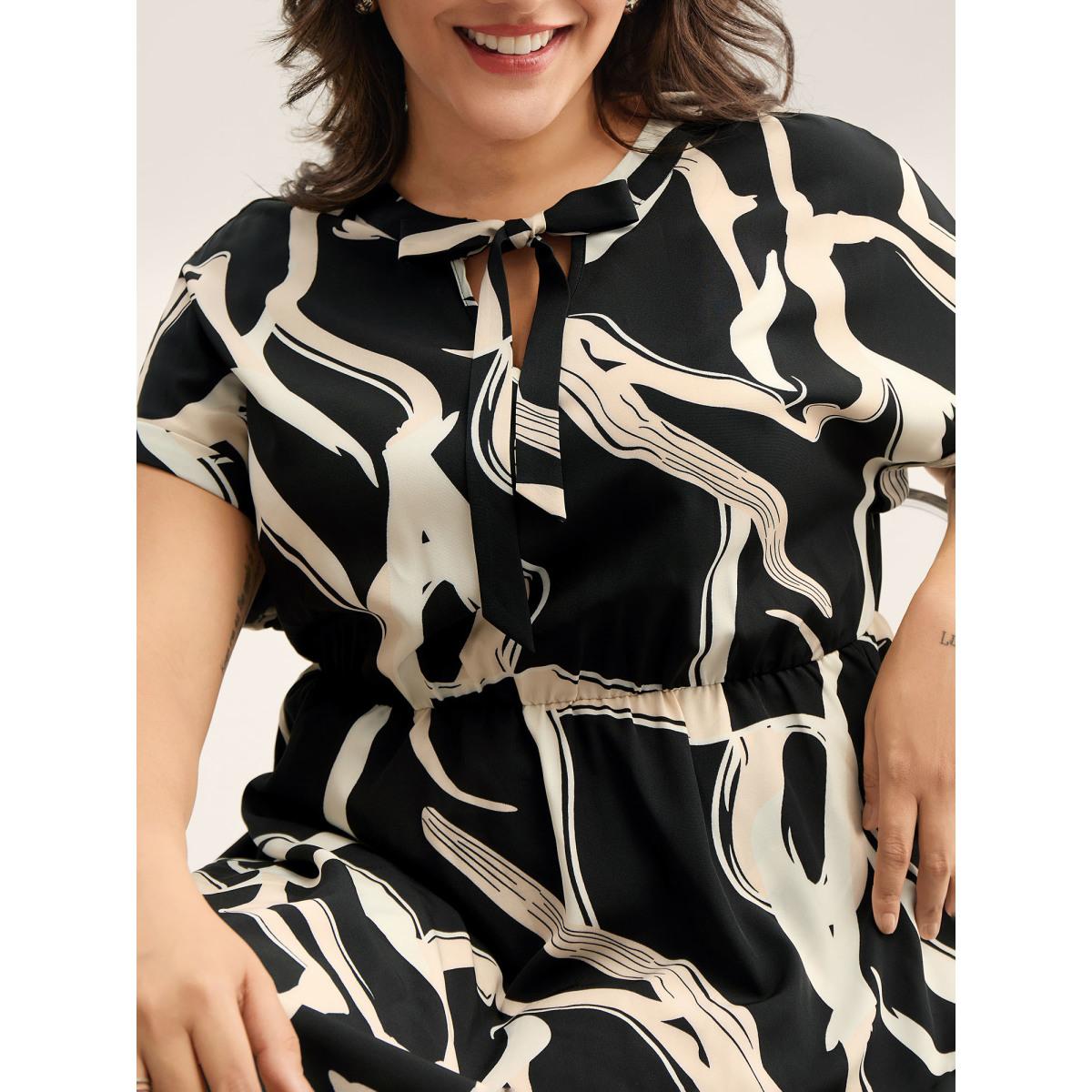 Plus Size Abstract Print Ribbon Collar Midi Dress Black Women Ribbon-tied collar Cap Sleeve Curvy BloomChic 22-24/3X Product Image