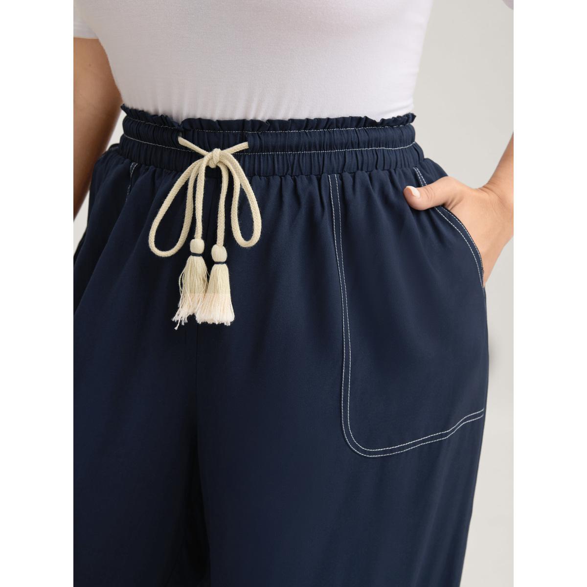 Plus Size Contrast Thread Detail Wide-Leg Pants Women Indigo Leisure Loose Mid Rise Casual Pants BloomChic 28/5X Product Image