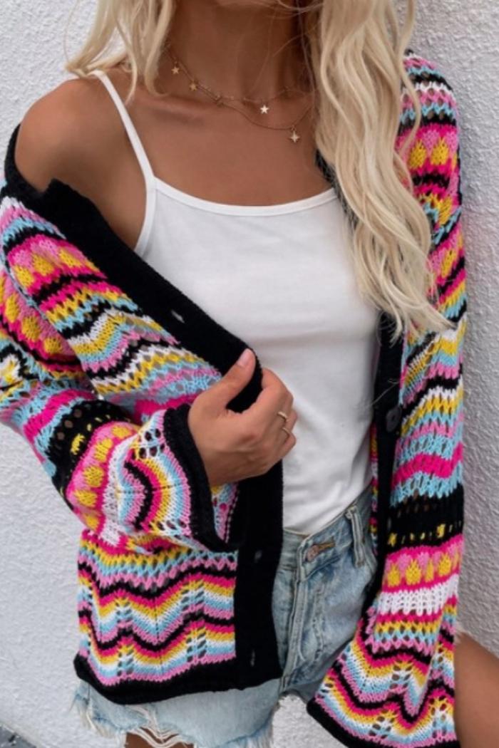 Striped Knit Cardigan Neck Flared Sleeve Button Sweater Product Image