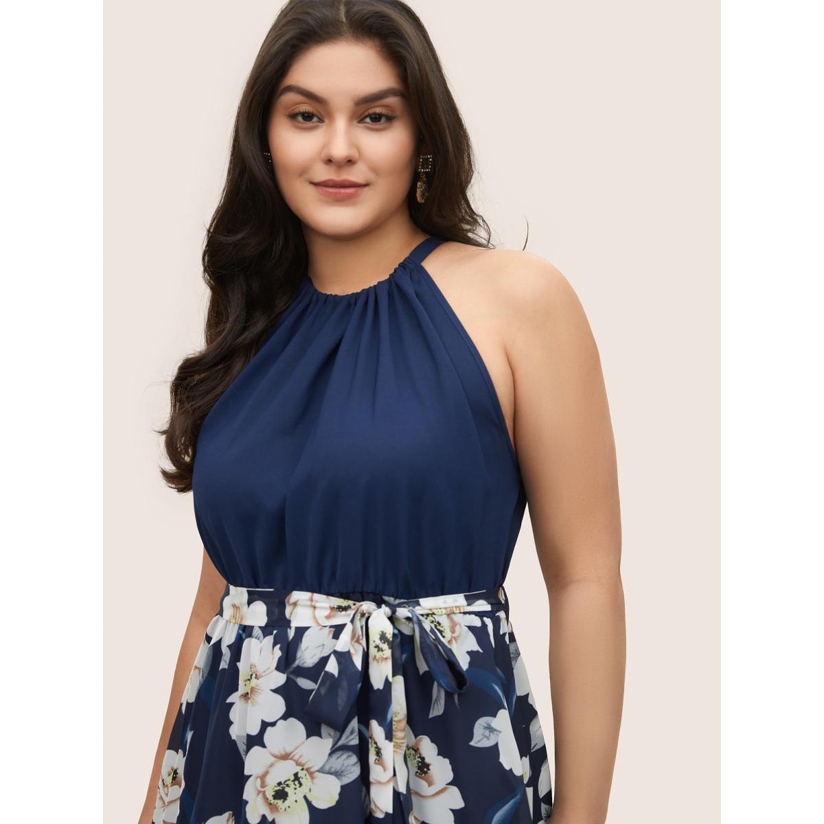 Plus Size Floral Patchwork Halter Ties High Low Hem Dress Indigo Women Elegant Non Halter neck Sleeveless Curvy Midi Dress BloomChic 10/M Product Image