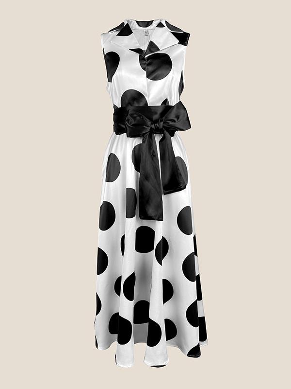 A-Line Sleeveless Polka-Dot Split-Joint Tied Waist Lapel Maxi Dresses Shirt Dress Product Image