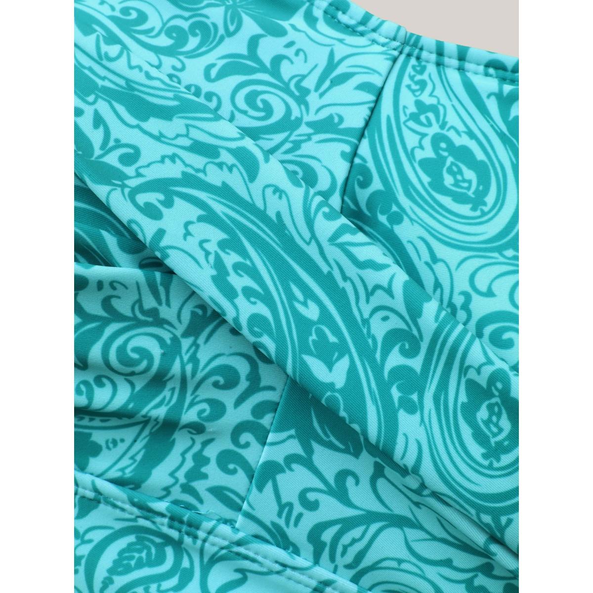 Plus Size Paisley Print Twist Front Swim Dress Women's Swimwear Turquoise Resort Bodycon U-neck High stretch Curve Swim Dresses BloomChic 10/M Product Image