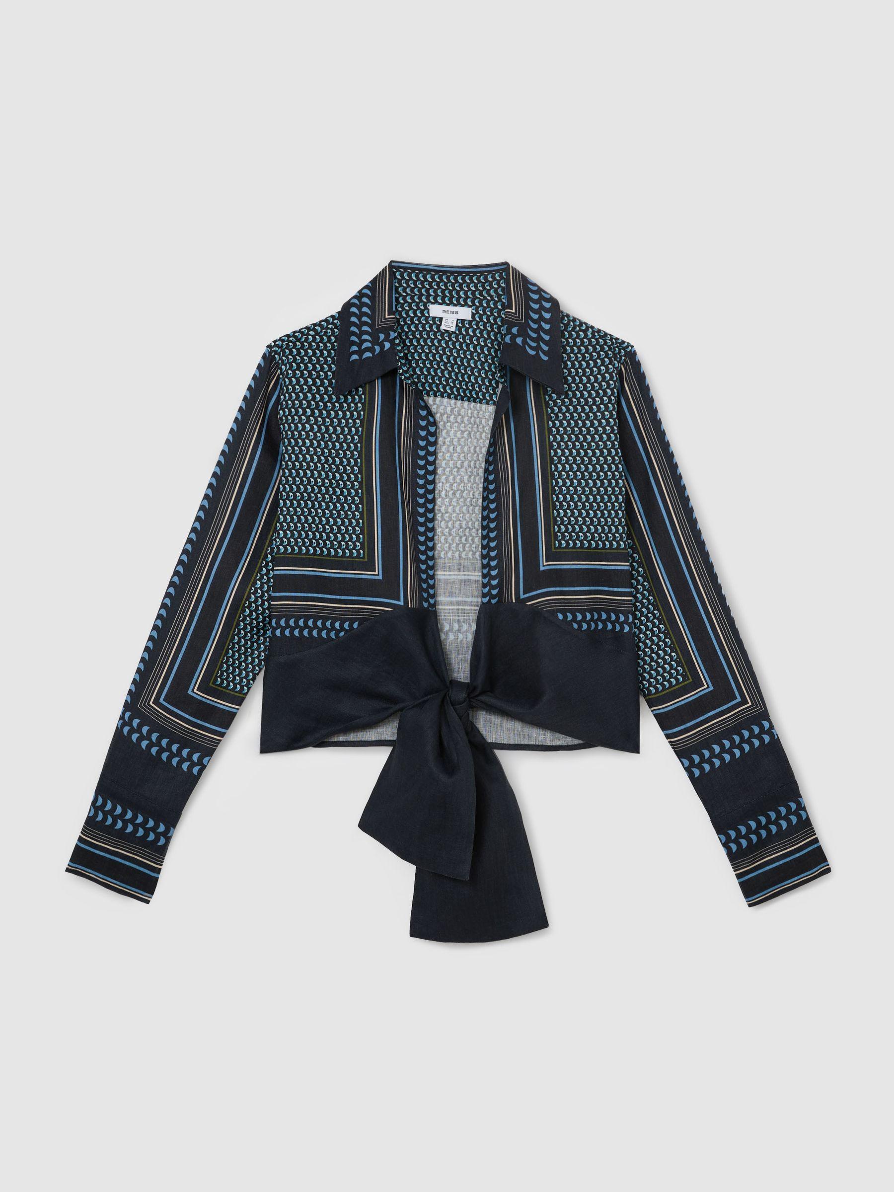 Linen Scarf-Print Tie-Front Shirt in Navy/Ivory Product Image