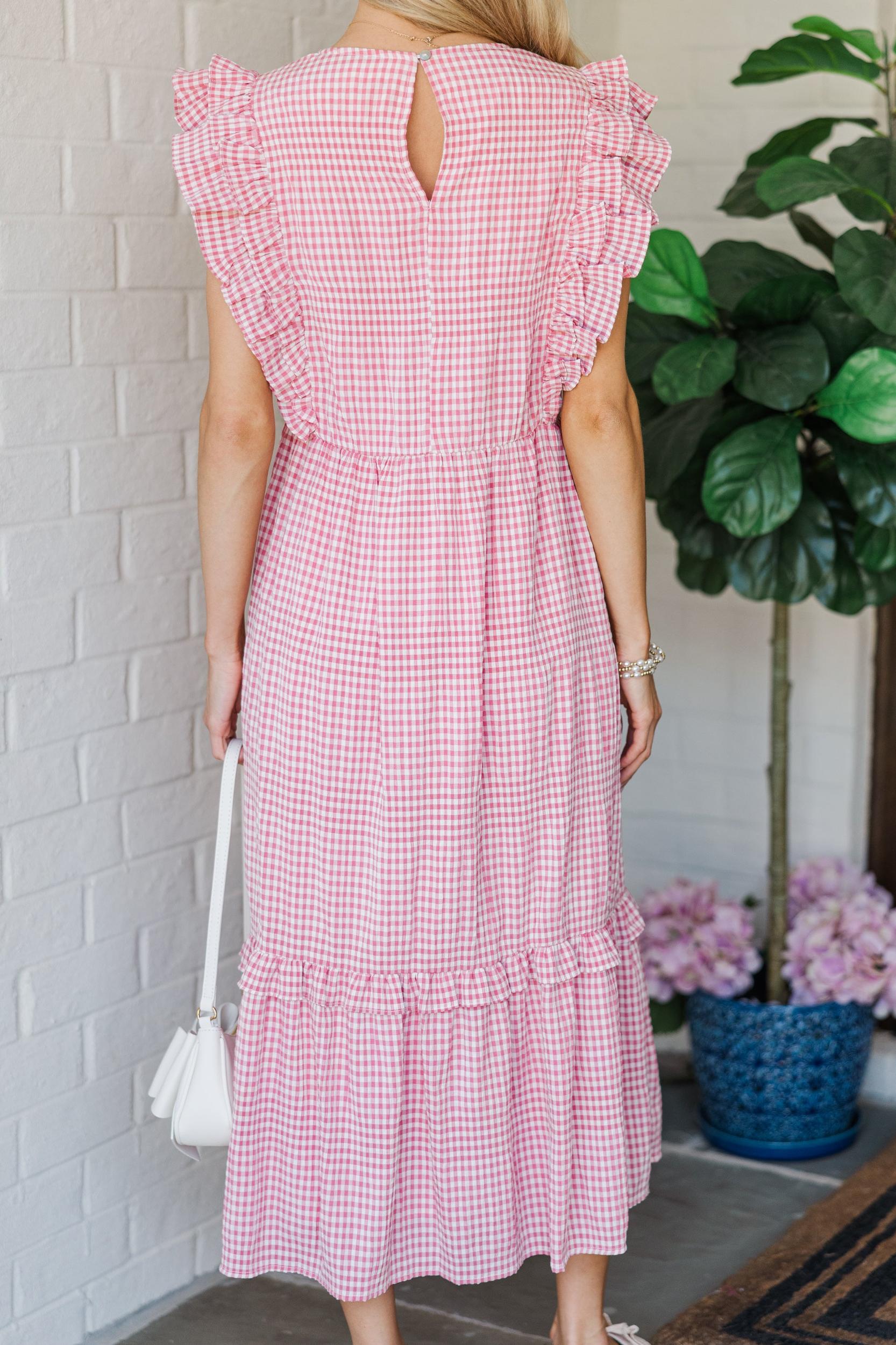 Feminine Pursuits Pink Gingham Midi Dress Female Product Image