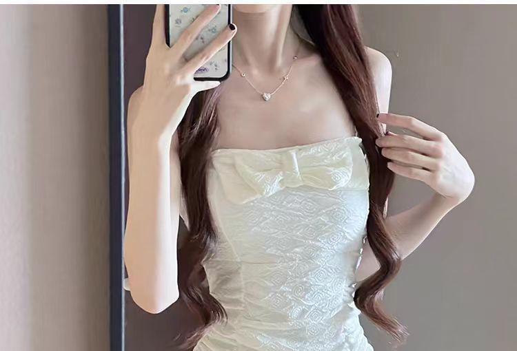 Spaghetti Strap Plain Bow Textured Swim Dress / Ruffle Swimsuit Product Image