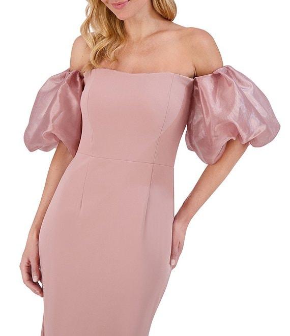 Eliza J Scuba Crepe Off-The-Shoulder Neck Organza Short Puff Sleeve Gown Product Image