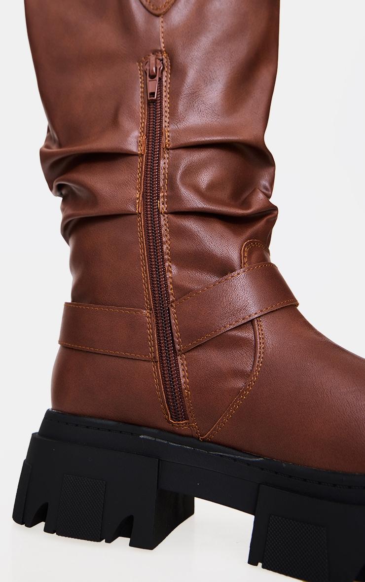 Tan Round Toe Buckle Knee High Chunky Boots Product Image