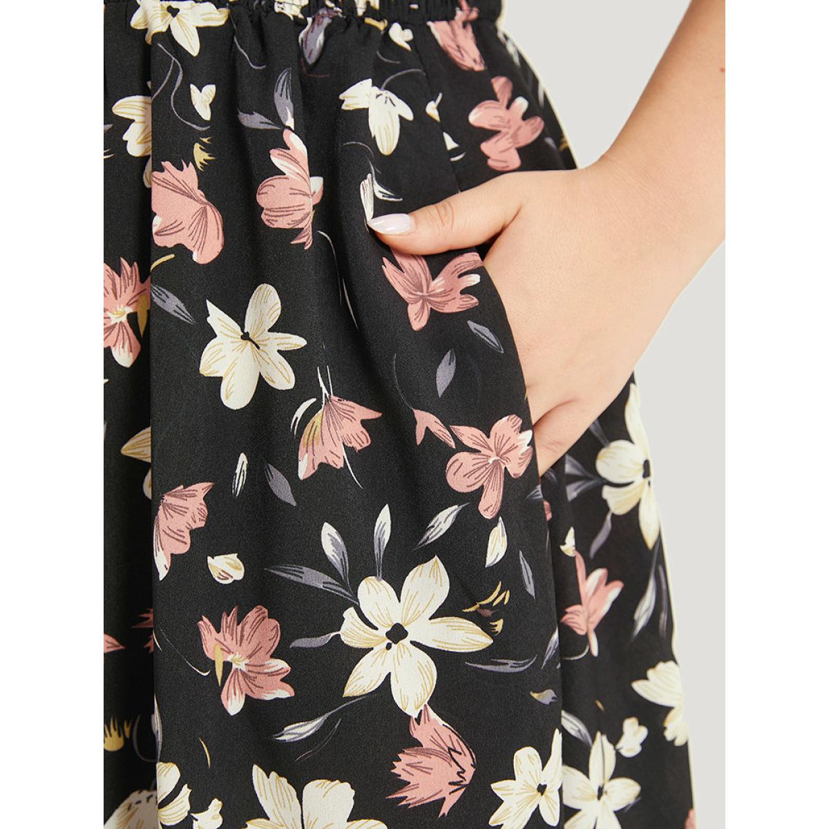 Plus Size Floral Print Halter Shirred Pocket Ruffle Hem Dress BlackFlower Women Elegant Knotted Cold Shoulder Sleeveless Curvy Knee Dress BloomChic 10/M Product Image