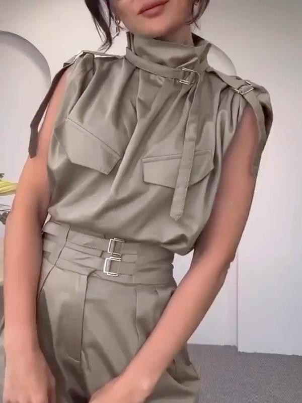 Loose Sleeveless Buckle Solid Color Stand Collar Blouses&Shirts Tops Product Image