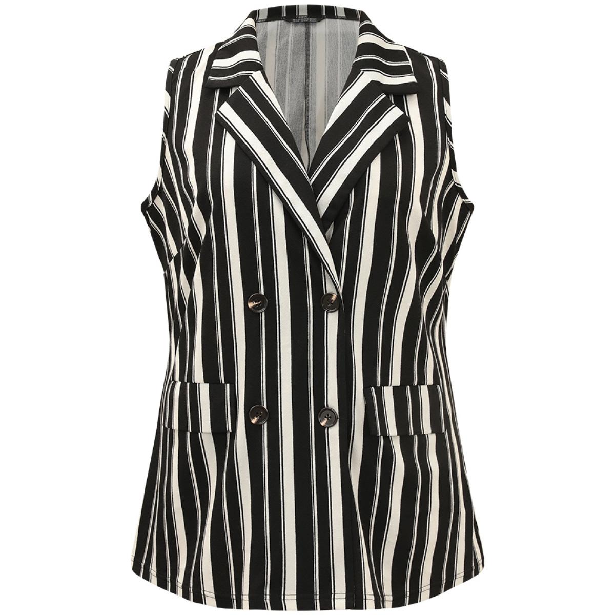 Plus Size Halloween Striped Pocket Double Breasted Lapel Collar Sleeveless Blazer Black Women Office Striped Contrast Sleeveless Sleeveless Lapel Collar 26/4X Pocket Office Blazers BloomChic Product Image