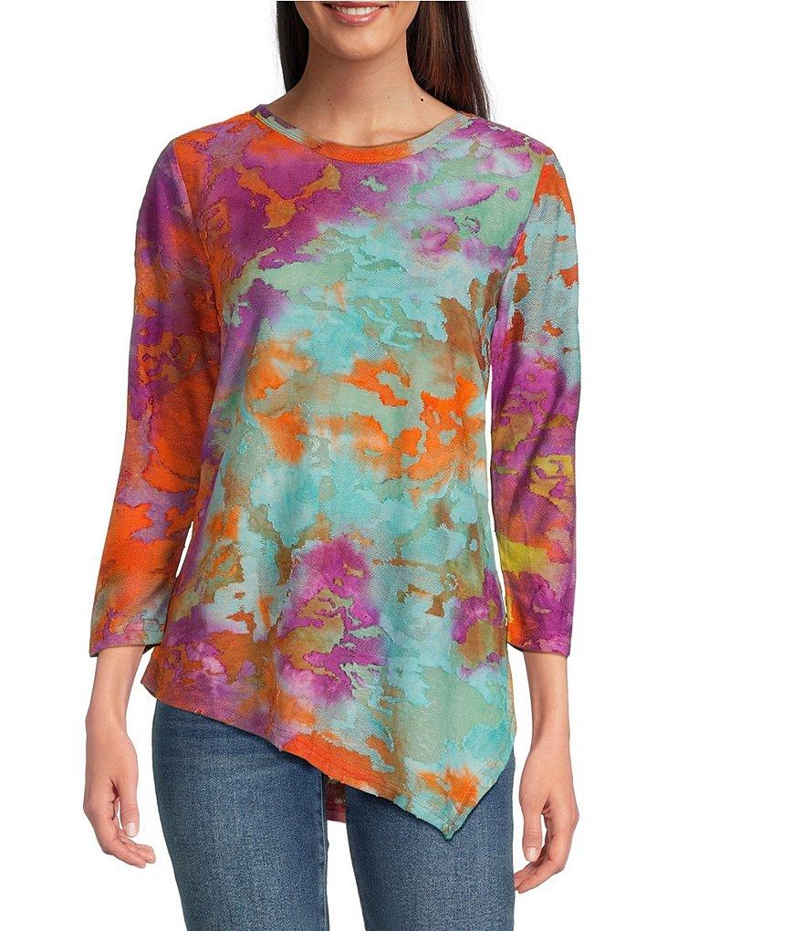 Calessa Petite Size Burnout Tie-Dye Crew Neck 3/4 Sleeve Asymmetric Hem Tunic Product Image