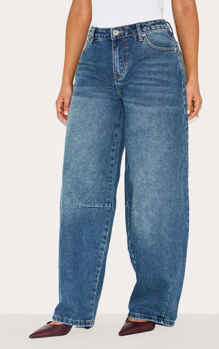 Petite Blue Denim Seam Detail Barrel Leg Jeans Product Image
