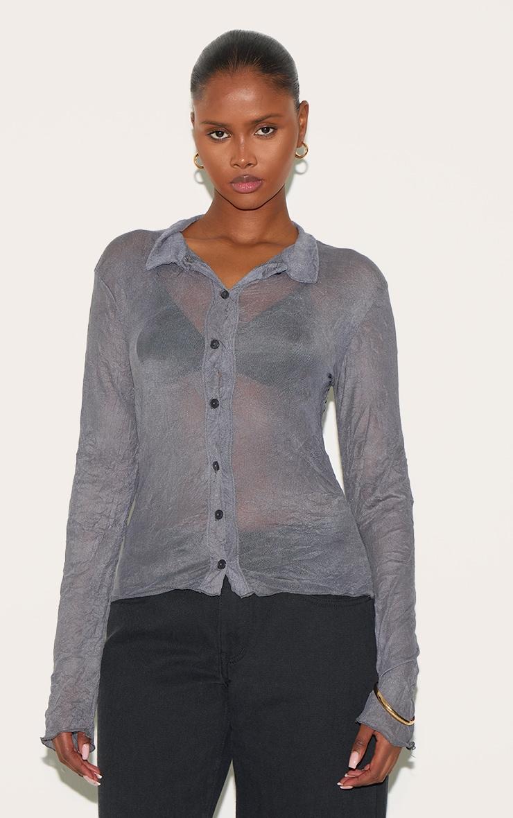 Charcoal Crushed Mesh Long Sleeve Fitted Shirt Product Image