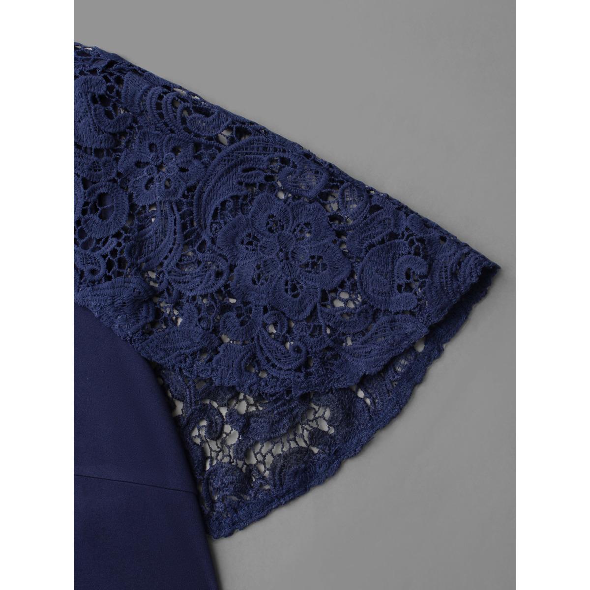 Plus Size Tiered Lace Panel Elastic Waist Dress Navy Women Cocktail Woven ribbon&lace trim Party Curvy Bloomchic 14-16/1X Product Image