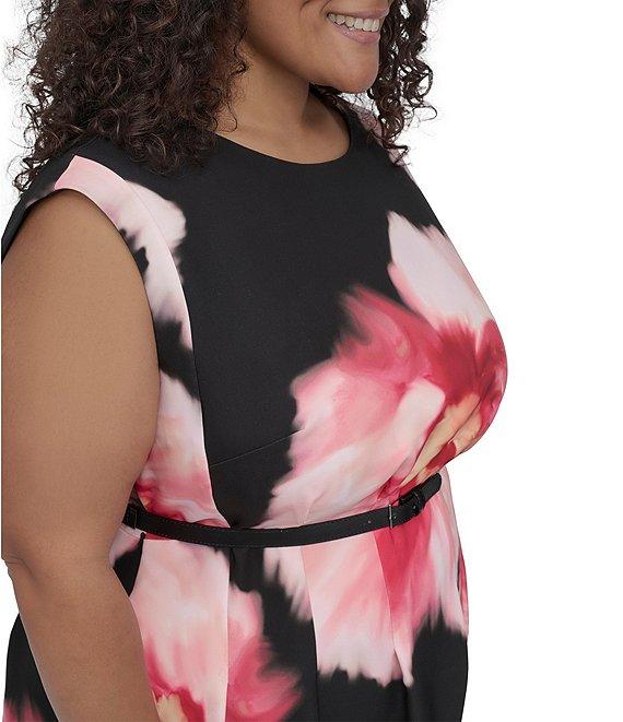 DKNY by Donna Karan Plus Size Crew Neck Cap Sleeve Belted Fit and Flare Dress Product Image