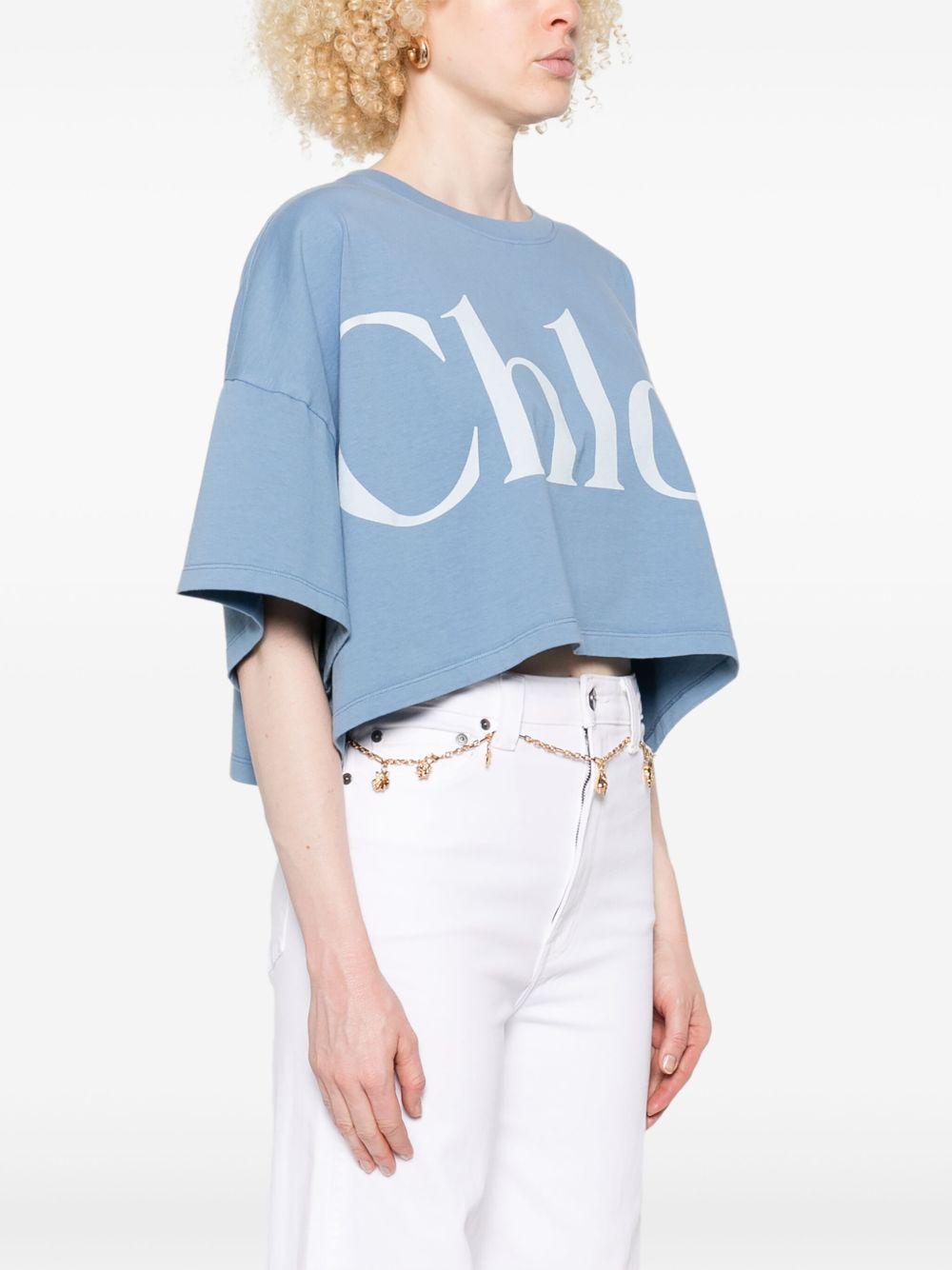 CHLOÉ Women Light Blue Jersey Cropped Logo T-shirt Product Image
