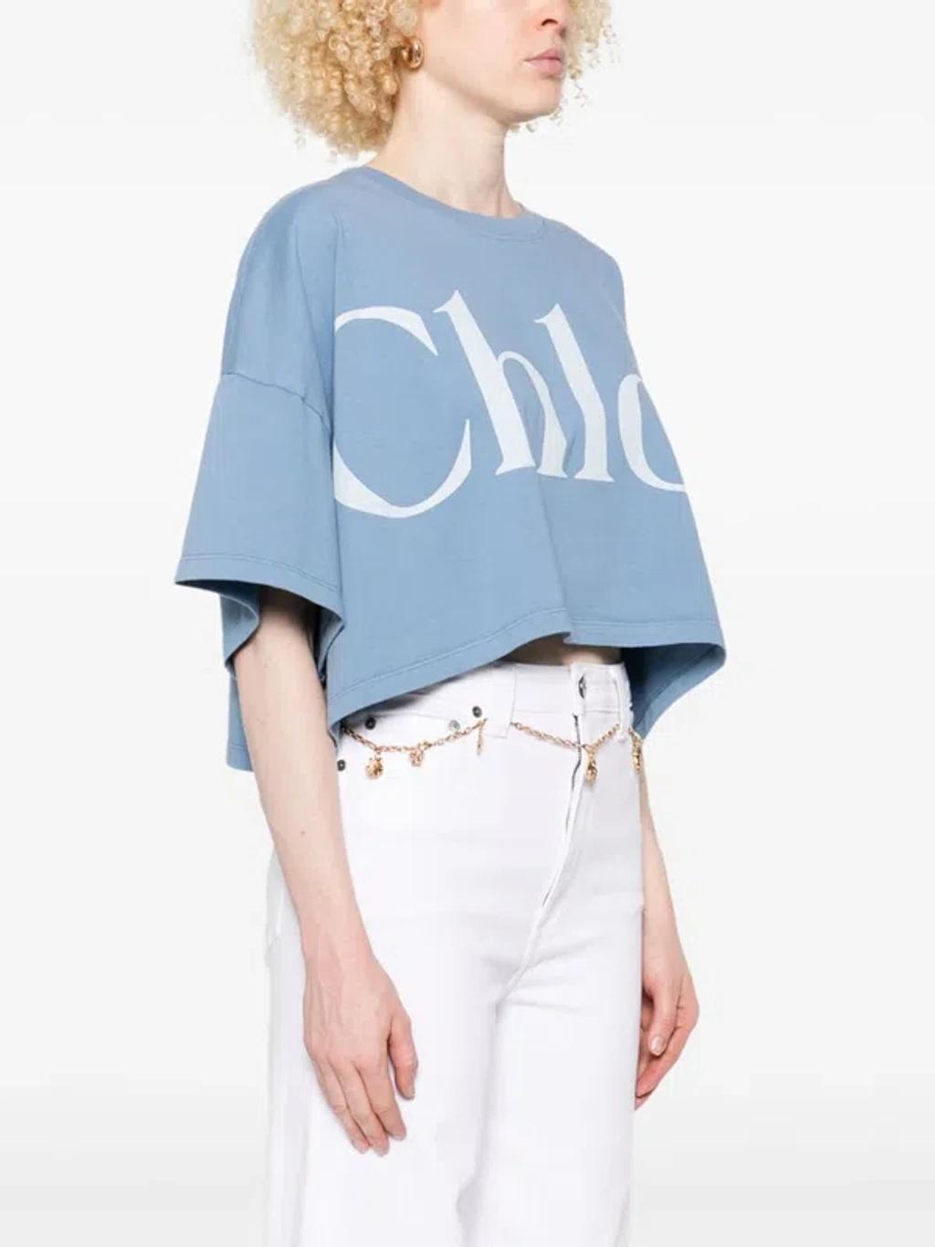 CHLOÉ Women Light Blue Jersey Cropped Logo T-shirt Product Image