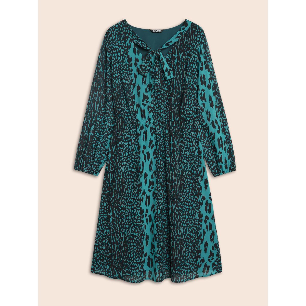 Plus Size Leopard Print Elastic Waist Tie Knot Dress Teal Women Elegant Tie knot Ribbon-tied collar Long Sleeve Curvy BloomChic 26/4X Product Image