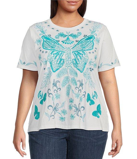 JOHNNY WAS Plus Size Benedita Embroidered Knit Crew Neck Short Sleeve Tee Product Image