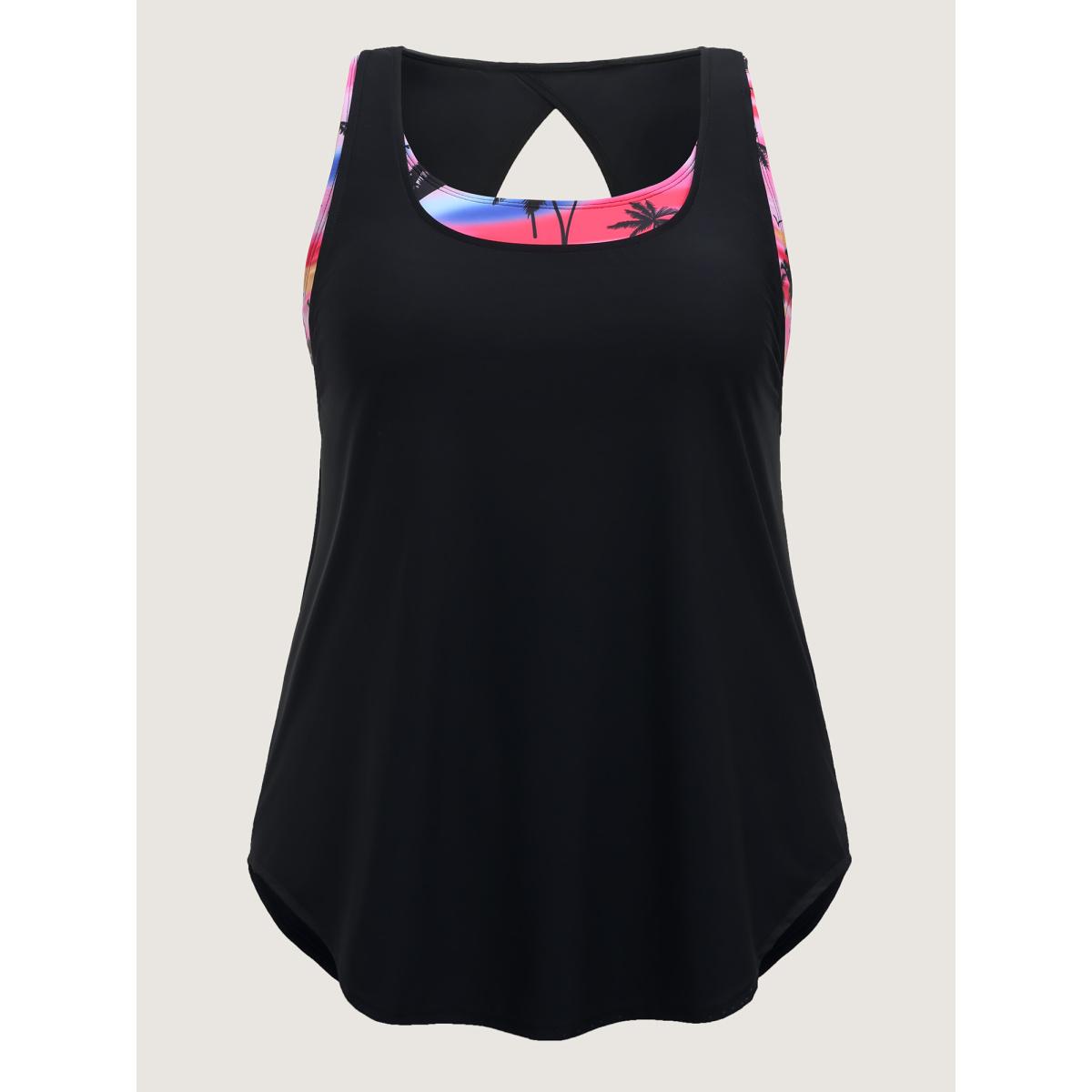 Plus Size Two-Piece Tropical Print Contrast Swim Top Women's Swimwear Black Resort Contrast High stretch Bodycon U-neck Curve Swim Tops BloomChic 18-20/2X Product Image