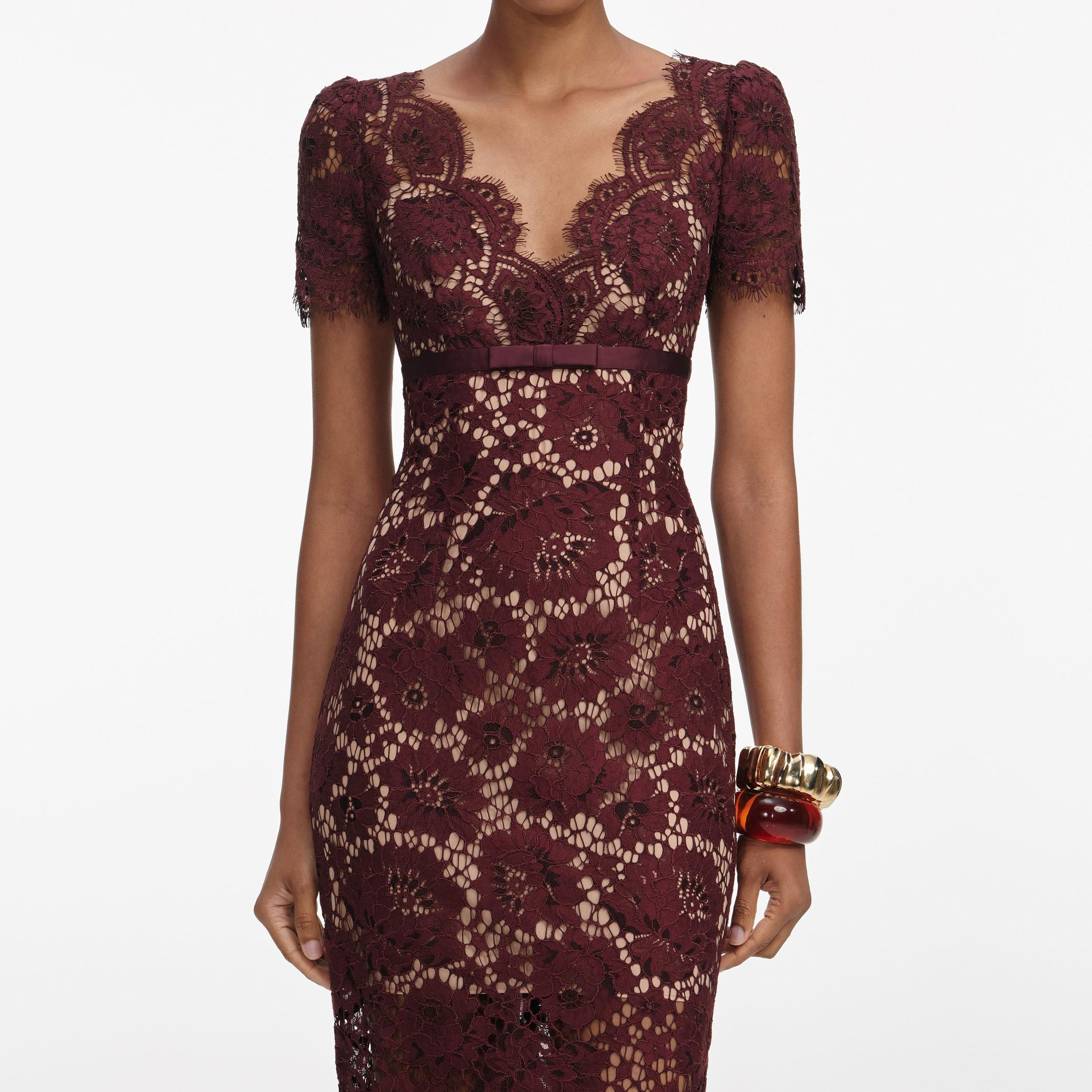 Burgundy Floral Lace Midi Dress Product Image