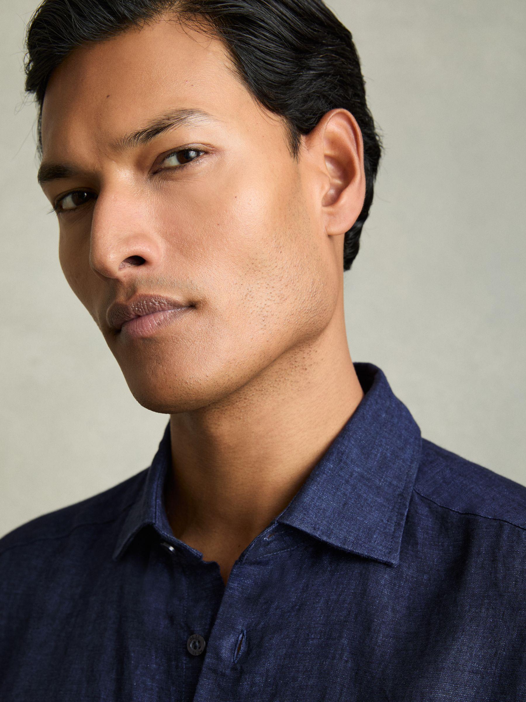 Slim Fit Linen Button-Through Shirt in Navy Product Image