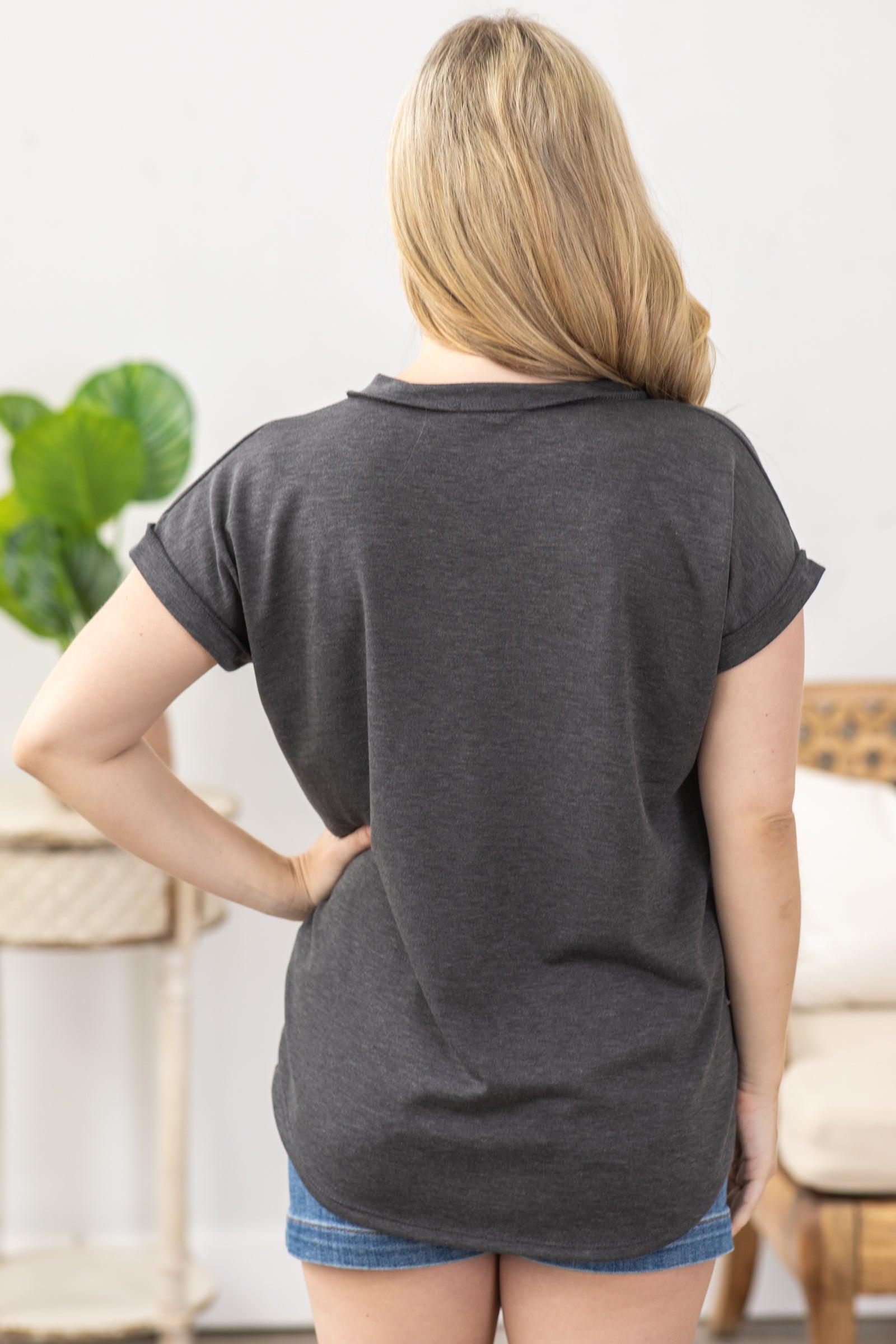 Charcoal Dolman Sleeve Knit Top With Pockets Product Image