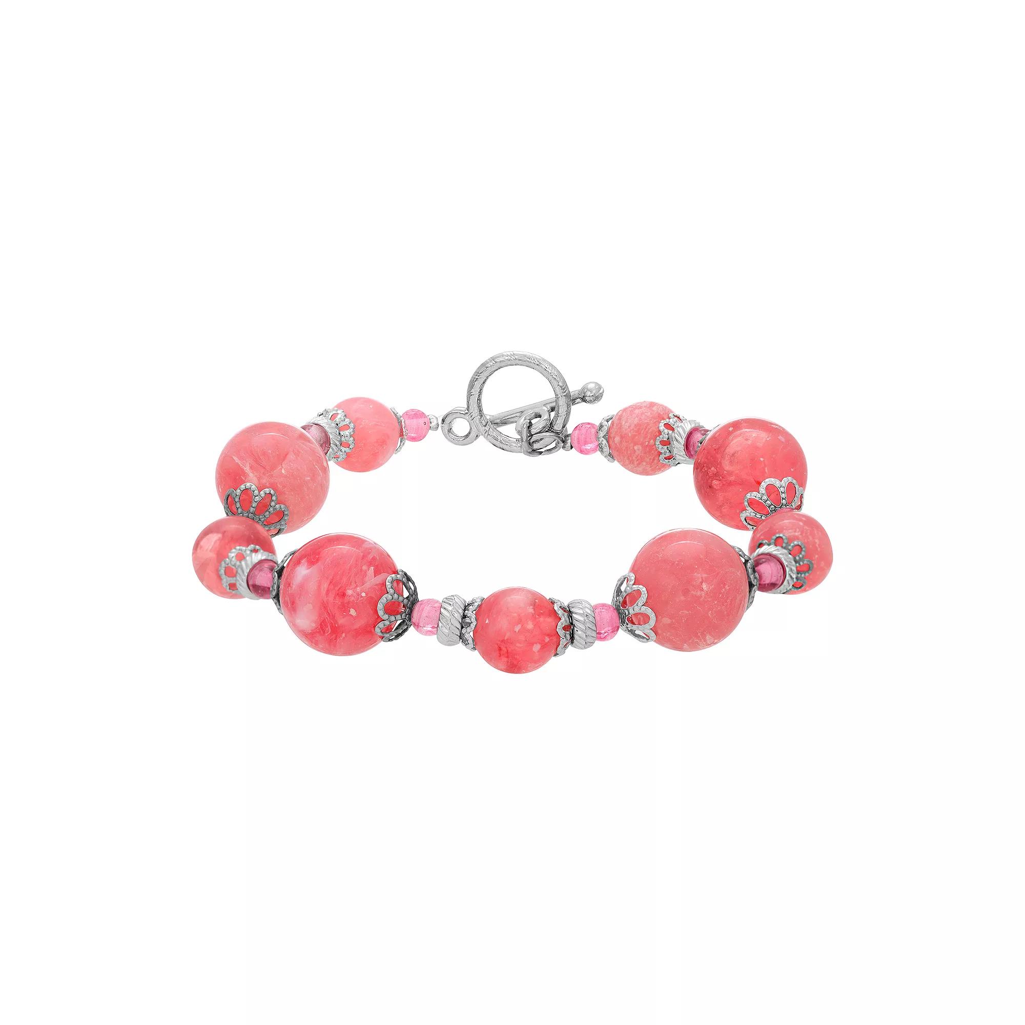1928 Silver Tone Pink Beaded Toggle Bracelet, Women's Product Image