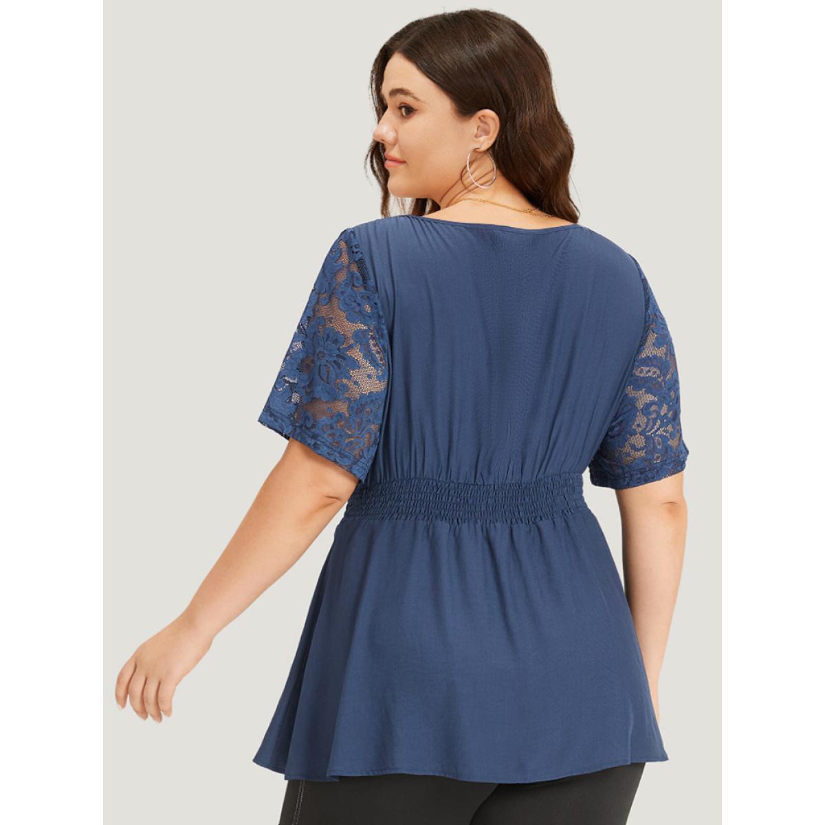Plus Size Indigo Supersoft Essentials Crochet Lace Mesh Shirred Ruffle Hem Gathered Blouse Women Elegant Short sleeve Square Neck Dailywear Blouses BloomChic 14-16/1X Product Image