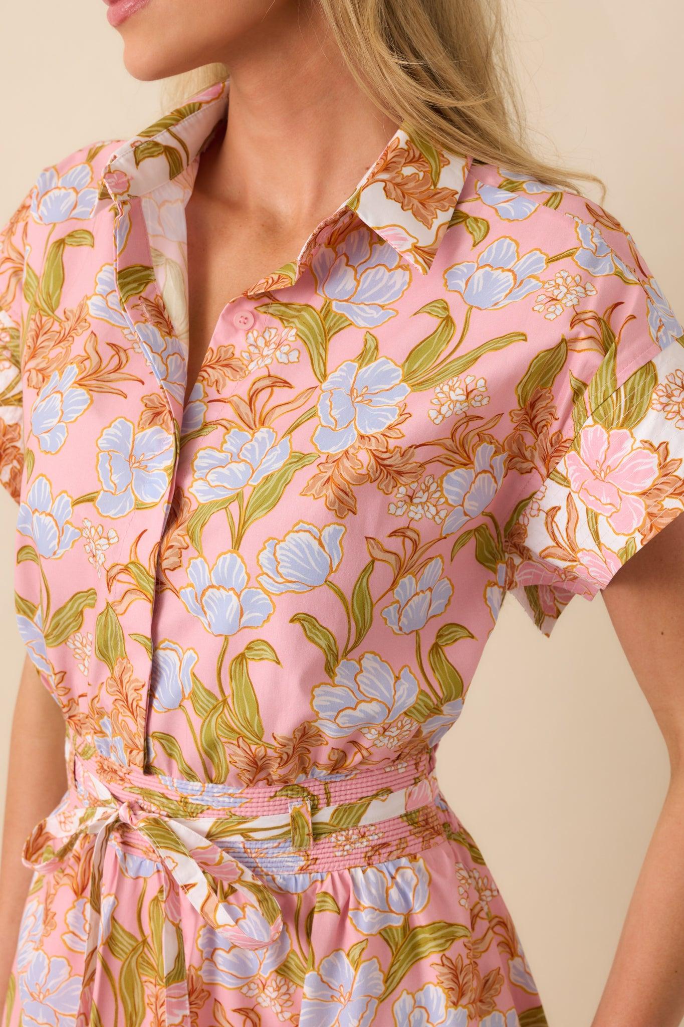 It Comes Easily Pink Coral Floral Print Maxi Shirt Dress Product Image