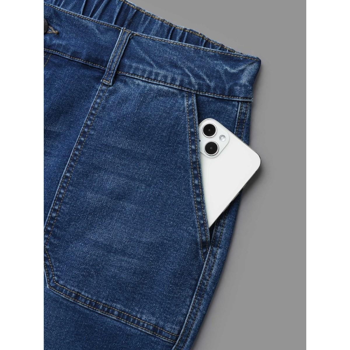 Plus Size Elastic Cuffs Adjustable Waist Straight Jeans Women Midblue Casual Button Medium stretch Slanted pocket Jeans BloomChic 22/3X Product Image