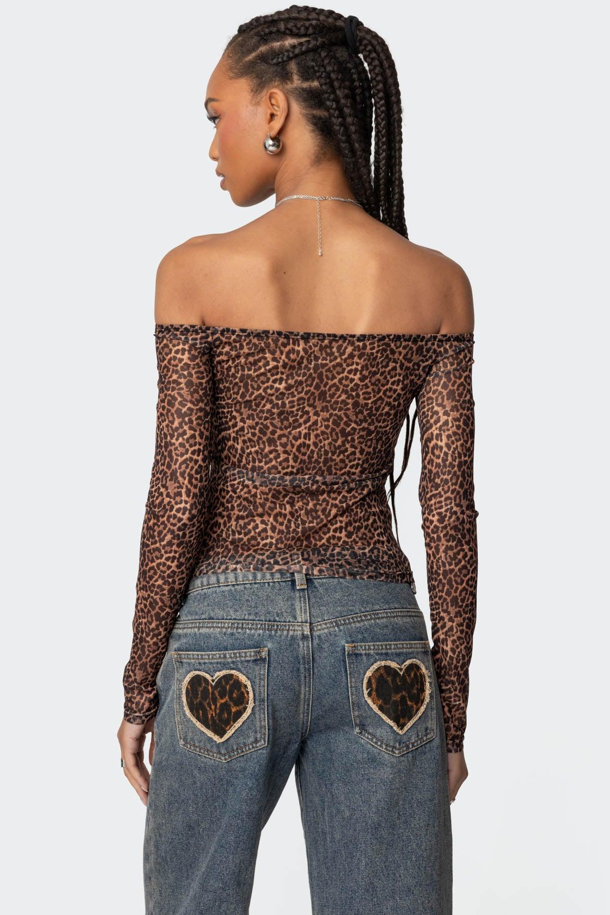 Leopard Sheer Mesh Off Shoulder Top Product Image