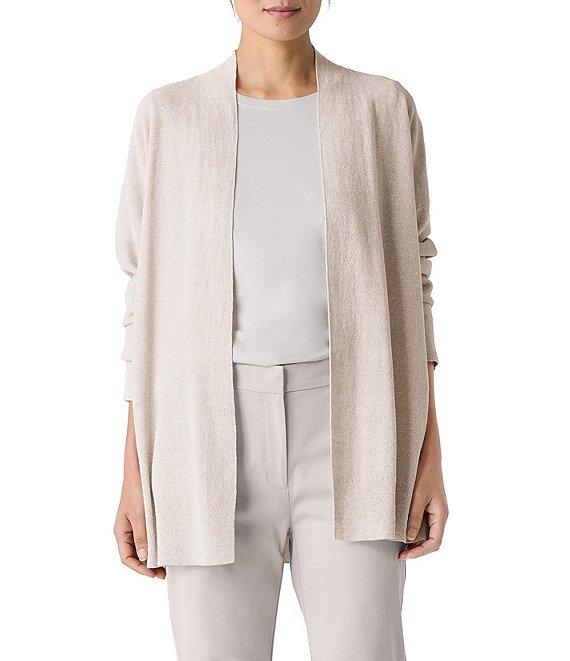 Eileen Fisher Organic Linen Blend Ribbed Trim Open Front Long Sleeve Cardigan Product Image
