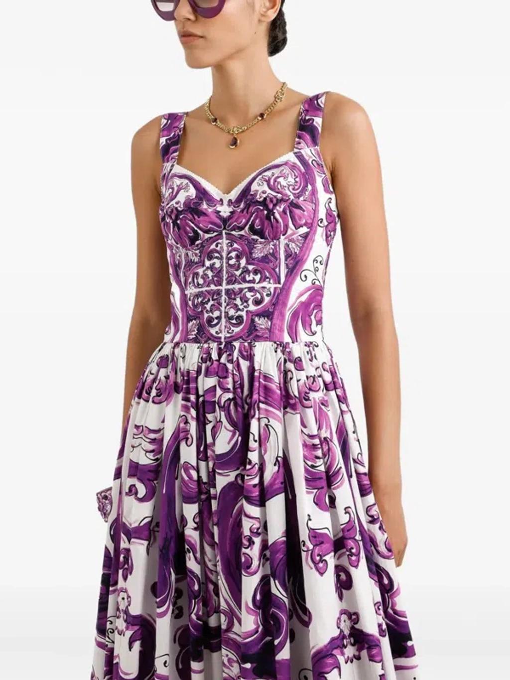 DOLCE & GABBANA Long Poplin Dress With Majolica Print In Purple Product Image