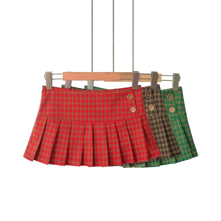 Low Waist Plaid Mini A-Line Pleated Skirt Product Image