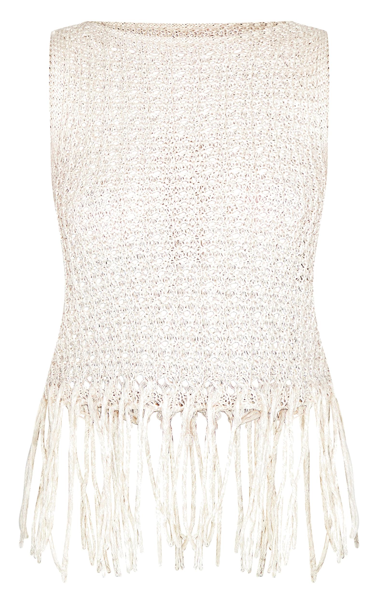 Cream Crochet Boat Neck Fringe Top Product Image