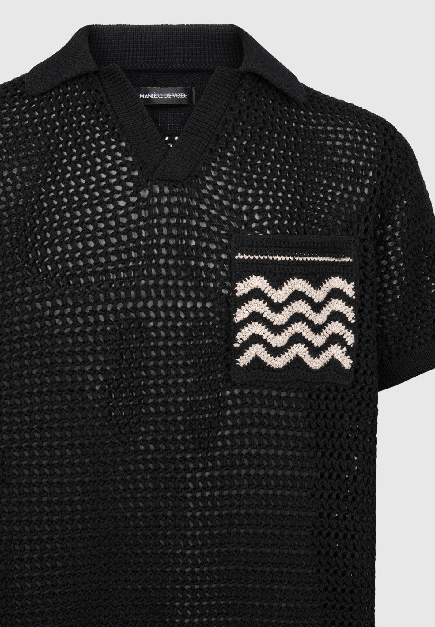 Crochet Knit Polo Shirt  - Black Male Product Image