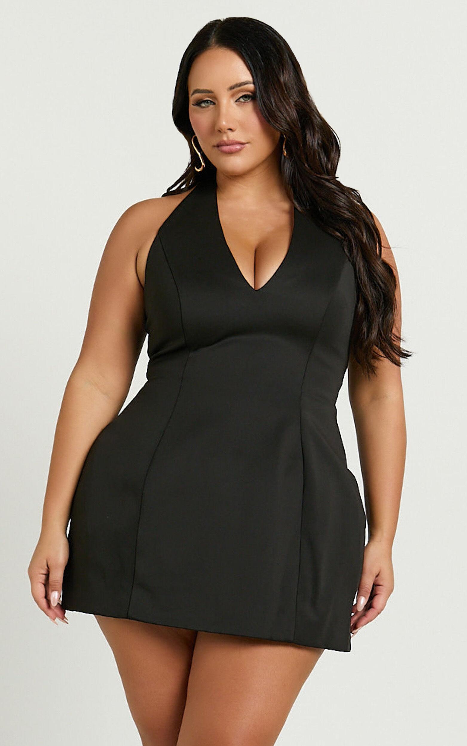 Gaia Mini Dress - Plunge Halter Fit and Flare Dress in Black Product Image