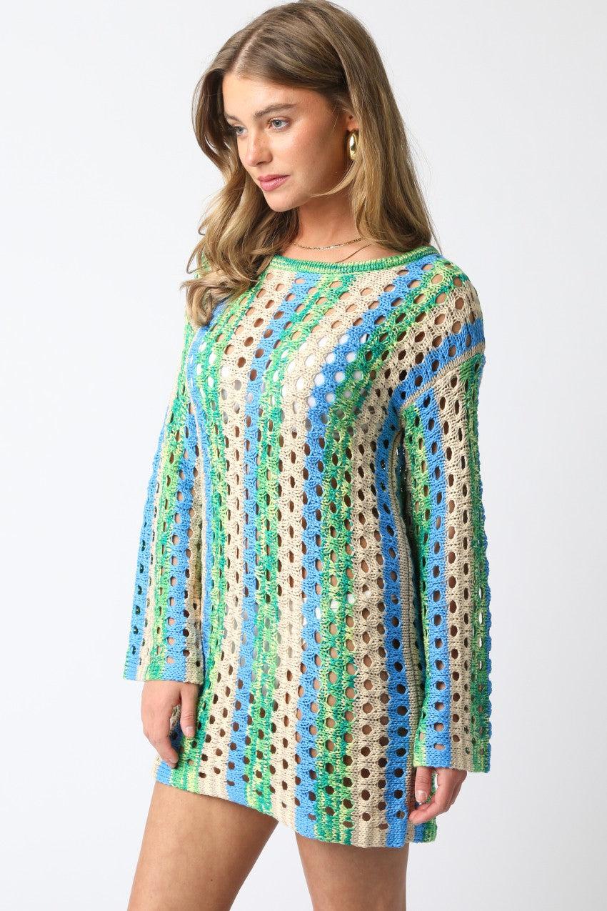 Ollie Crochet Striped Mini Dress | Blue Green Product Image