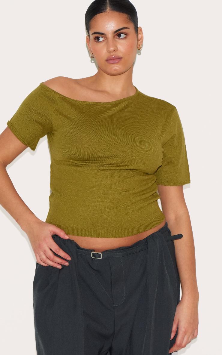 Plus Olive Basic Knit Asymmetric Neckline Top Product Image