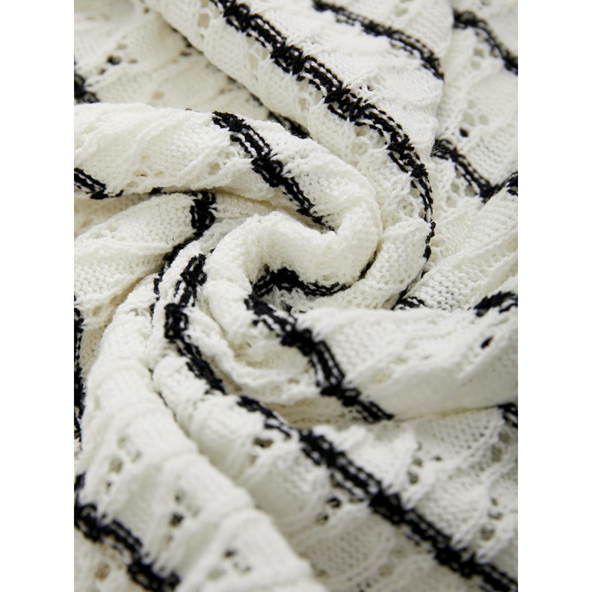 Plus Size Striped Hollow Out Lapel Collar Pullover Beige Women Casual Bodycon Long Sleeve Lapel Collar Dailywear Pullovers BloomChic 18-20/2X Product Image