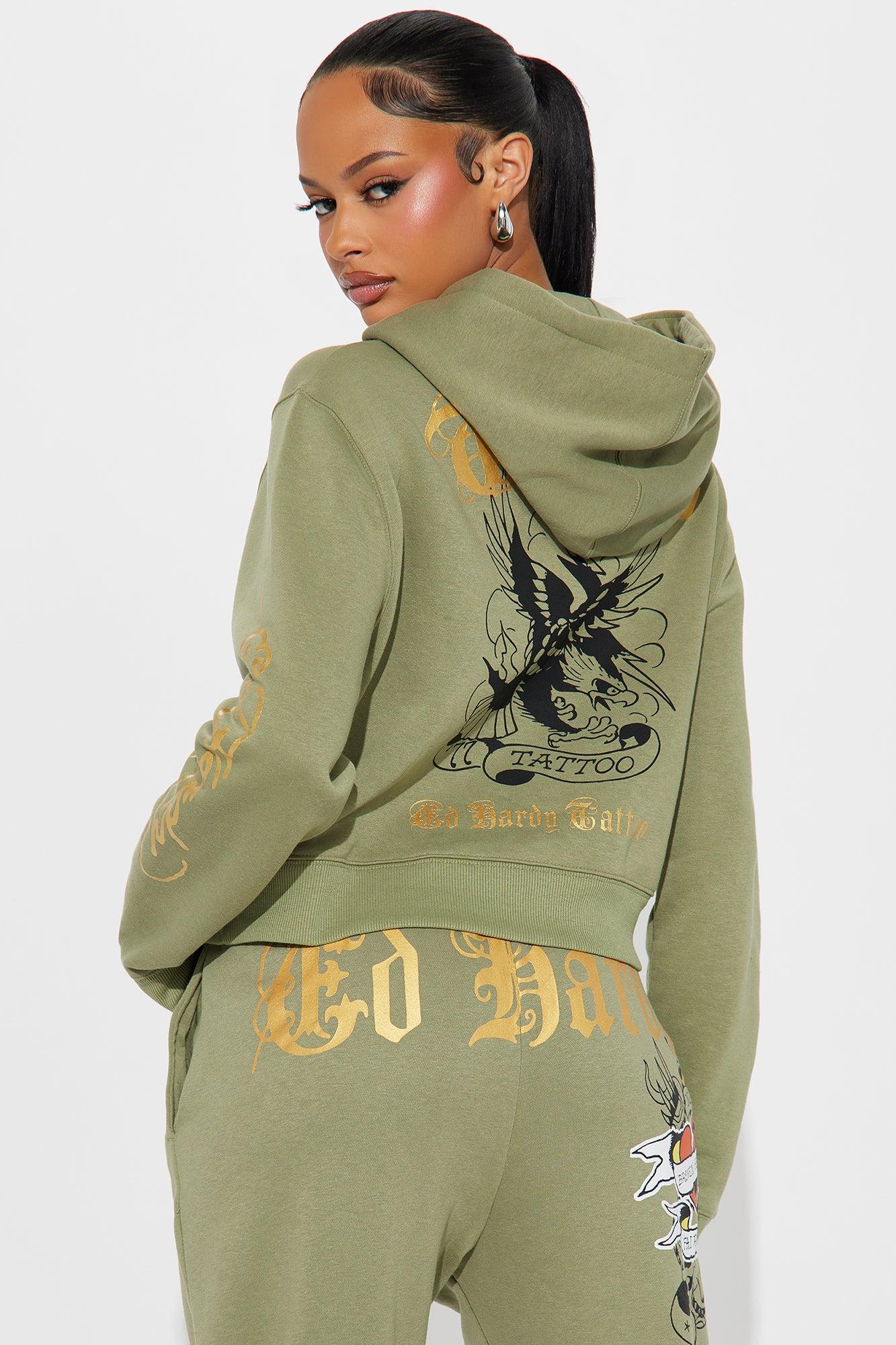 Ed Hardy Broken Hearts Cropped Hoodie - Sage Product Image