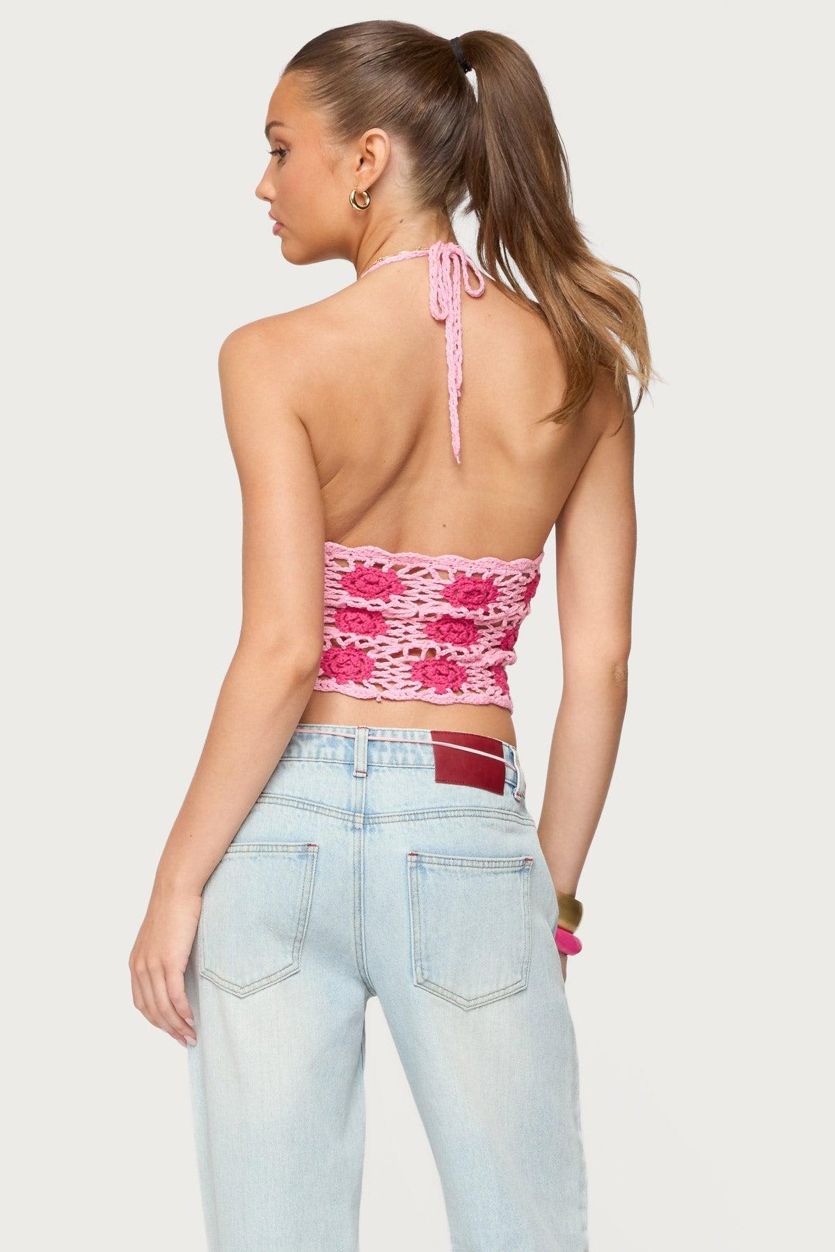 Contrast Floral Crochet Halter Top Product Image