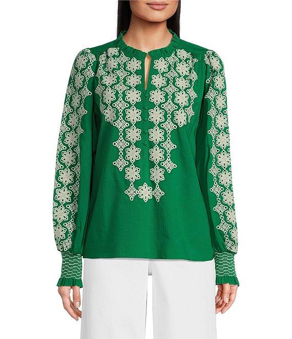 Gibson & Latimer Woven Embroidered Floral Ruffled Slit Round Button Front Neck Long Blouson Sleeve Hi-Low Shirttail Blouse Product Image